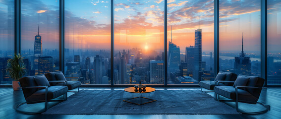 Empty Window City Skyline View, Modern Style with Dark Indigo and Light Aquamarine, Large-Scale...