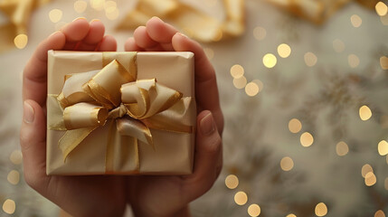 Person Holding Golden Christmas Gift with Bow
