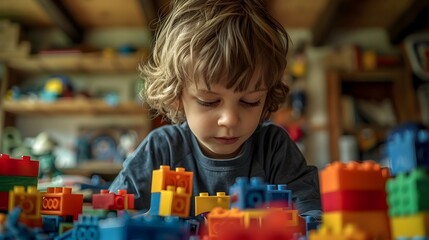 A Boy Playing with Colorful Lego Blocks in His Room