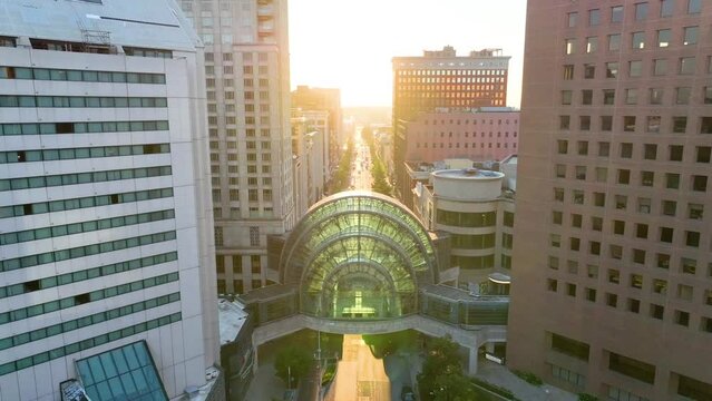 Aerial Golden Hour Glow on Indianapolis Skyline and Keystone Mall