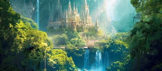 Enchanted Palace: Surreal Forest Castle with Verdant Spires and Magical Waterfalls, Fairy Tale Wonderland - obrazy, fototapety, plakaty