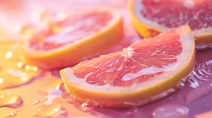 Glistening Grapefruit Slices and Chunks With Pink Flesh and Yellow Peel - on Vibrant and Bold...