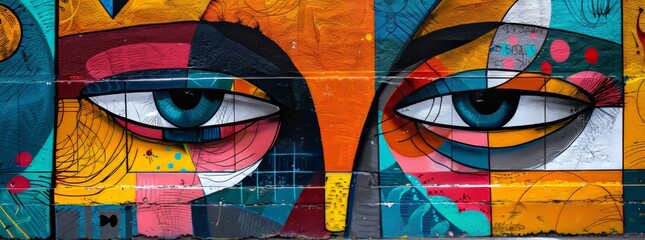 Striking street art mural with intense, abstract eyes on a multicolored brick wall, blending urban vibrancy with surrealism.