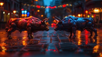 Red, Green Stock Market, Economic Outlook Recession Effects the exchange market is losing money. The stock market and the bulls and the bulls fight each other. - obrazy, fototapety, plakaty