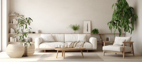 Bright living room interior with white couch wooden furniture and space for decoration