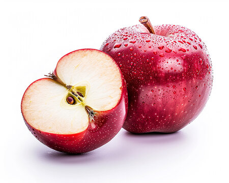 Whole red apple fruit with slice isolated on white background, Close-up Shot.