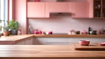 Wooden table top on pink blur kitchen room background illustration.	
