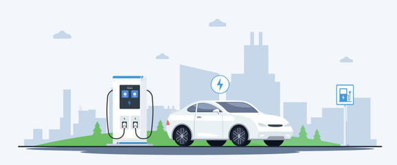 vector illustration of a white electric car near a charging station with a city silhouette in the background. concept illustration of green energy. vector illustration design. charging station sign