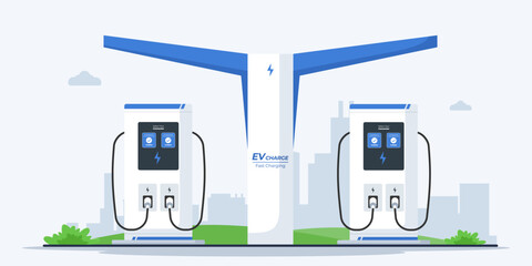 vector illustration concept of a charging station for electric vehicles with a city silhouette in the background. Alternative power. Vector green energy technology