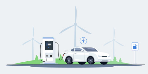 vector illustration of a white colored electric car charging at a charging station with three wind turbine silhouettes in the background. charging station sign. green energy concept illustration.