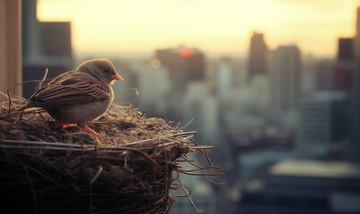 Urban sparrow in her nest, perched high on a ledge with a city view at golden hour sunrise background image
