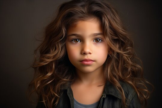 Portrait of a cute little girl with long curly hair on a dark background