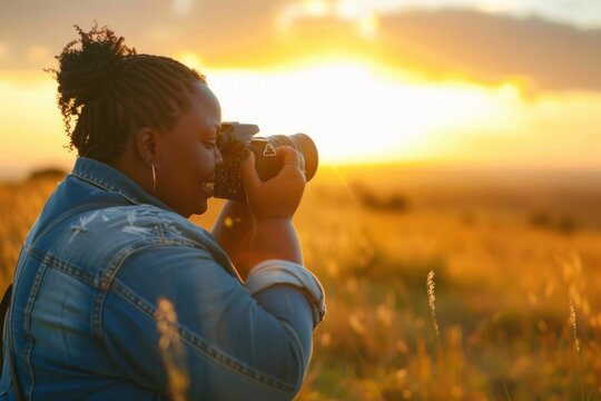 a plus-size African American woman Photographer capturing the sunset in a field with a camera.