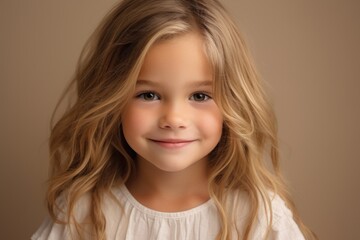 Portrait of a beautiful little girl with long blond hair on a brown background