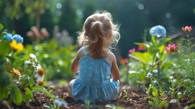 Little Girl Sitting in a Garden Surrounded by Flowers