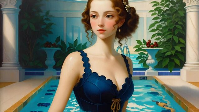 Victorian Woman in a Blue Bathing Suit Generative AI