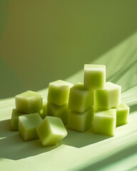 Honeydew Melon Cubes or Squares - Refreshing Green Melon Fruit on Pale Green Backdrop with Sunlight Casting Shadows onto the Fruit Pieces - Minimalist With Copy Space