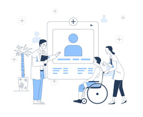 Medical tests to patient simple. Doctors with young guy at wheelchair. Man and woman in medical uniform near medical card. Doodle flat vector illustraton isolated on white background