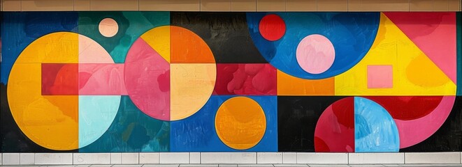 Contemporary abstract mural with geometric patterns, showcasing a vibrant patchwork of rectangles and circles in bold primary colors on an urban wall.