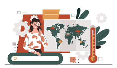 Woman with meteorology. Young girl with magnifying glass near world map. Climate changes. Meteorologist with weather forecasts. Cartoon flat vector illustration isolated on white background
