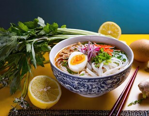 advertisement food photography a bowl of noodle pho bright colors studio lighting