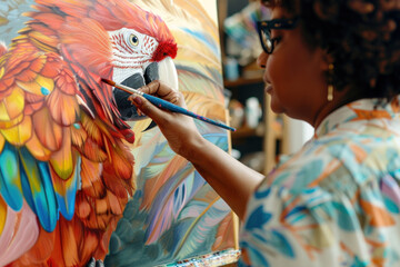 African American woman focused on painting a vivid parrot, reflecting artistry and attention to detail.