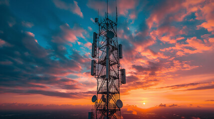Antenna tower of telecommunication and Phone base station with TV and wireless internet antennas. - obrazy, fototapety, plakaty