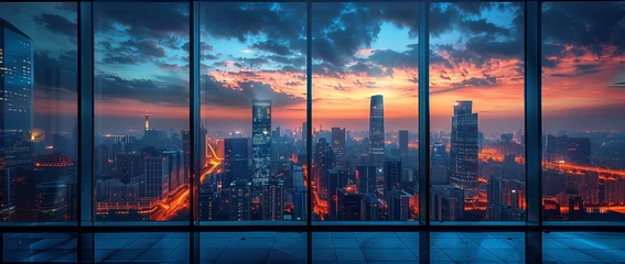 Deurstickers Modern City Skyline Reflected on Flat Glass Wall, Nightscapes Poster with Luminous Brushwork, Bird's-Eye View Interiors © shiyi