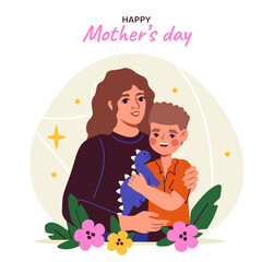 Mothers day poster. Woman hug boy. Mom with son play in dino. International holiday and festival. Love and care in family. Cartoon flat vector illustration isolated on white background