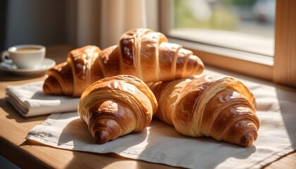 there are three croissants on a napkin on a table cinematic morning