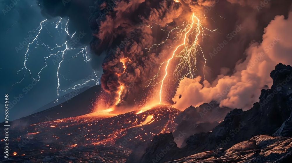 Canvas Prints a volcano with a lot of lava and lightning