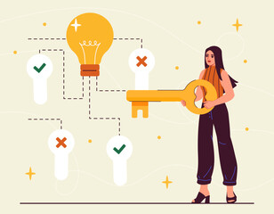 Woman on way to success. Young girl with golden key near scheme and structure. Start up or business project. Talented businesswoman and entrepreneur. Cartoon flat vector illustraton