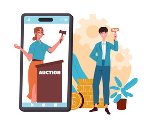 People with online auction. Man and woman at smartphone screen. Financial deals and agreements. Businessman with bid. Cartoon flat vector illustration isolated on white background - obrazy, fototapety, plakaty