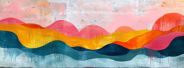Colorful abstract mural depicting stylized mountains in shades of pink, yellow, and blue, blending modern art with nature themes.