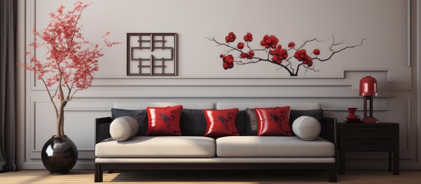 Light Living Room with Grey Sofa and Chinese Decorations Chinese New Year Theme