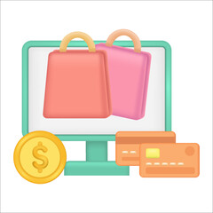 Monitor with strip awning, Online store. for digital marketing promotions. bag and shopping basket element.