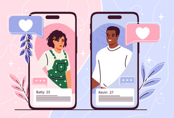 Online dating concept. Man and woman at smartphone screens communicate with each others. Friends with mobile application for communication. Date in messengers. Cartoon flat vector illustraton