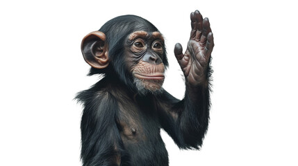 Realistic chimpanzee with its hand lifted, posing on white background with face pixelated out
