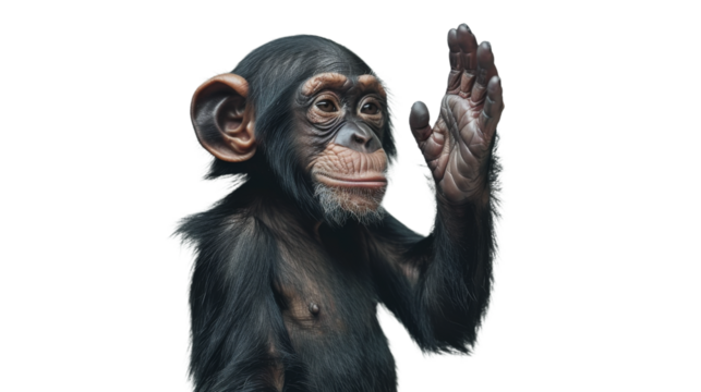 Realistic chimpanzee with its hand lifted, posing on white background with face pixelated out