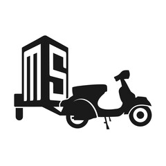 Vector illustration. Black silhouette of a courier on a scooter. Fast delivery.