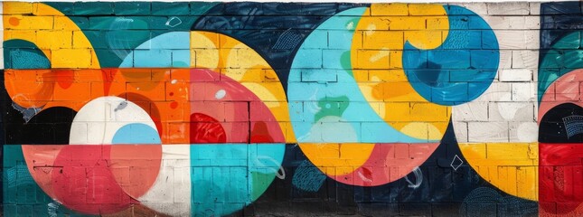 Abstract geometric mural with interlocking circles and bold color contrasts on a textured urban wall.