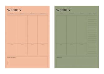 Weekly Planner template. Minimalist planner template set. Vector illustration.