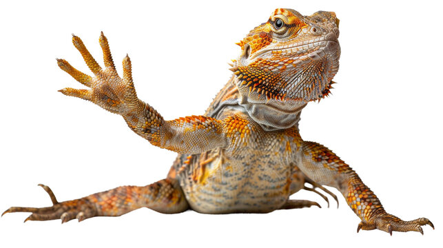 Detailed image of an exotic bearded dragon lizard, perfectly isolated on a white backdrop, showcasing its textured scales and unique coloration