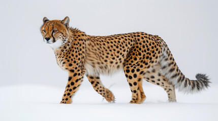 A majestic cheetah stands against a wintry white backdrop, showcasing its beautiful spotted fur and long tail