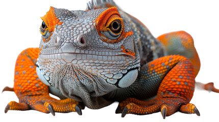 Striking front portrait of a chameleon with intense orange eyes and scaly texture - obrazy, fototapety, plakaty