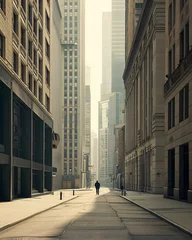 Fototapete Rund a person walking down a street in a city © KWY