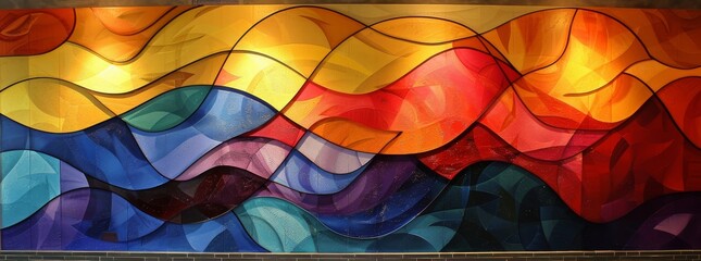 Stained glass-style mural with undulating waves in warm to cool tones, reminiscent of sunlight transitioning to deep sea.
