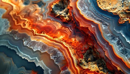 a close up of an abstract painting with orange and blue colors