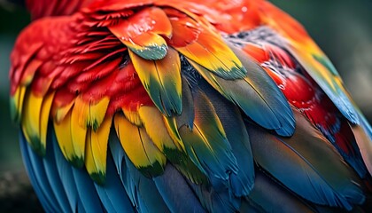 Fototapeta premium a close up of a multicolored bird's feathers