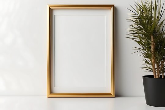 Blank picture frame mockup in interior background. Golden border frame mockup.